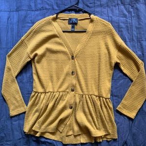 The Moon mustard yellow waffle knit button up peplum long sleeve top size M